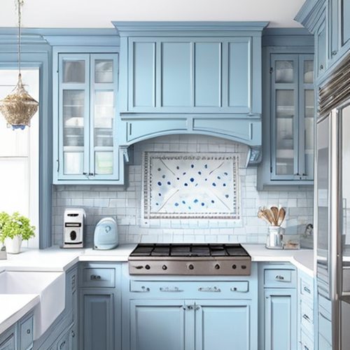 ตู้ครัวสีน้ำเงินและสีขาว