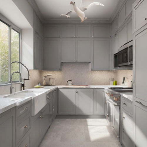 Gabinetes de cocina gris claro gris paloma con encimeras oscuras