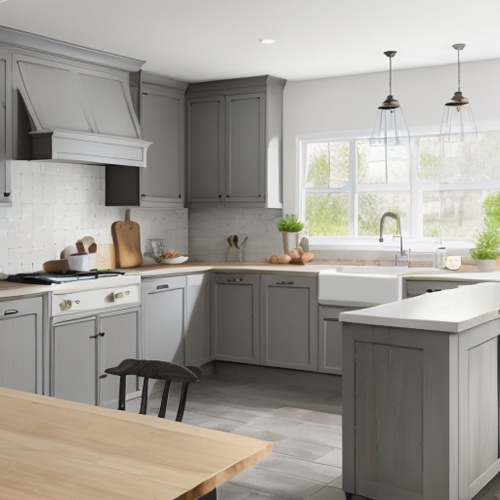 farmhouse grey kitchen cabinets with butcher block countertops