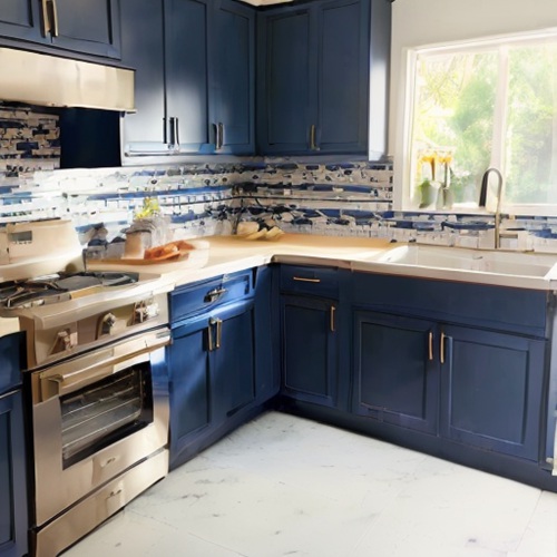 navy blue cabinets with butcher block countertops