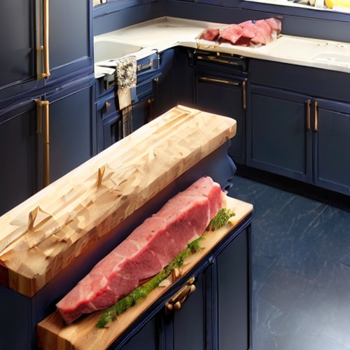 navy blue cabinets with butcher block countertops