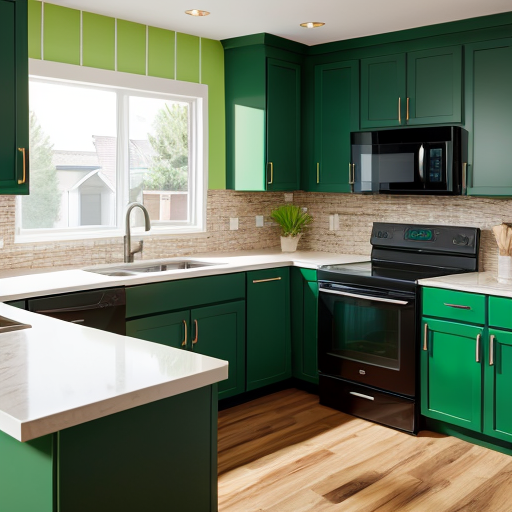 green cabinets with black countertops