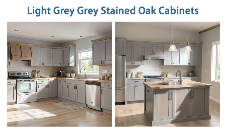 How about light grey grey stained oak cabinets?