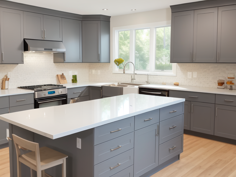 light grey grey kitchen cabinets with black countertops