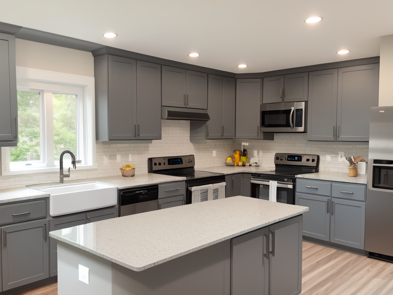 light grey grey kitchen cabinets with black countertops