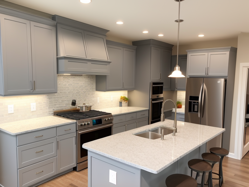 light grey kitchen cabinets with dark countertops
