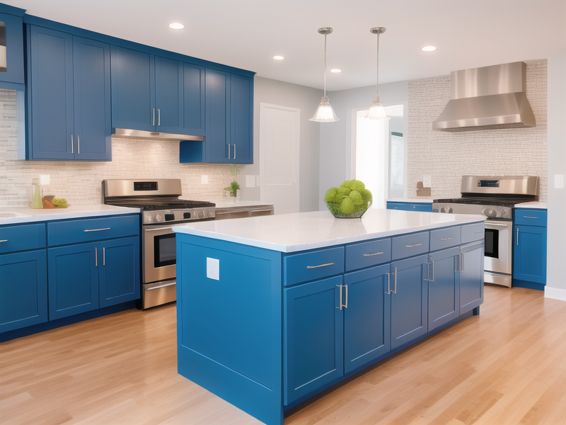 blue cabinets with butcher block countertops