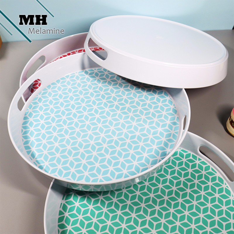 Large Round Melamine Serving Tray Set, Round Serving Tray Big With Lid