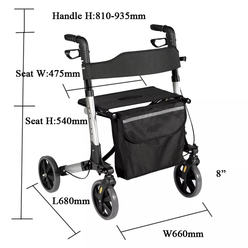 Double Folding Shopping Aluminum Rollator with 8-inch Wheels and Handles rollator lightweight