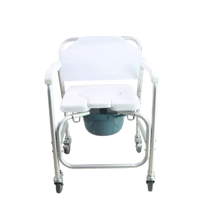 Commode Chair Wheeled commode with padded seat Screws back, plastic armrests and 4wheels Bucket and lid included