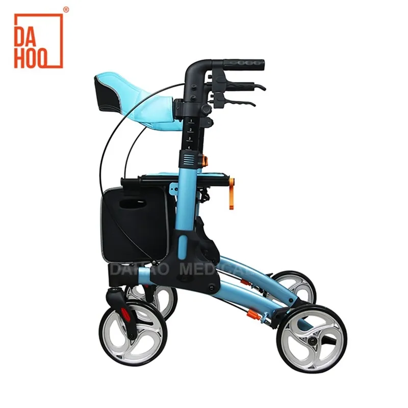 What is the correct way to walk with a four-wheeled rollator?