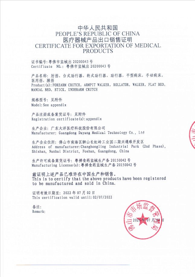 Certificate for Exportation of Medical Products