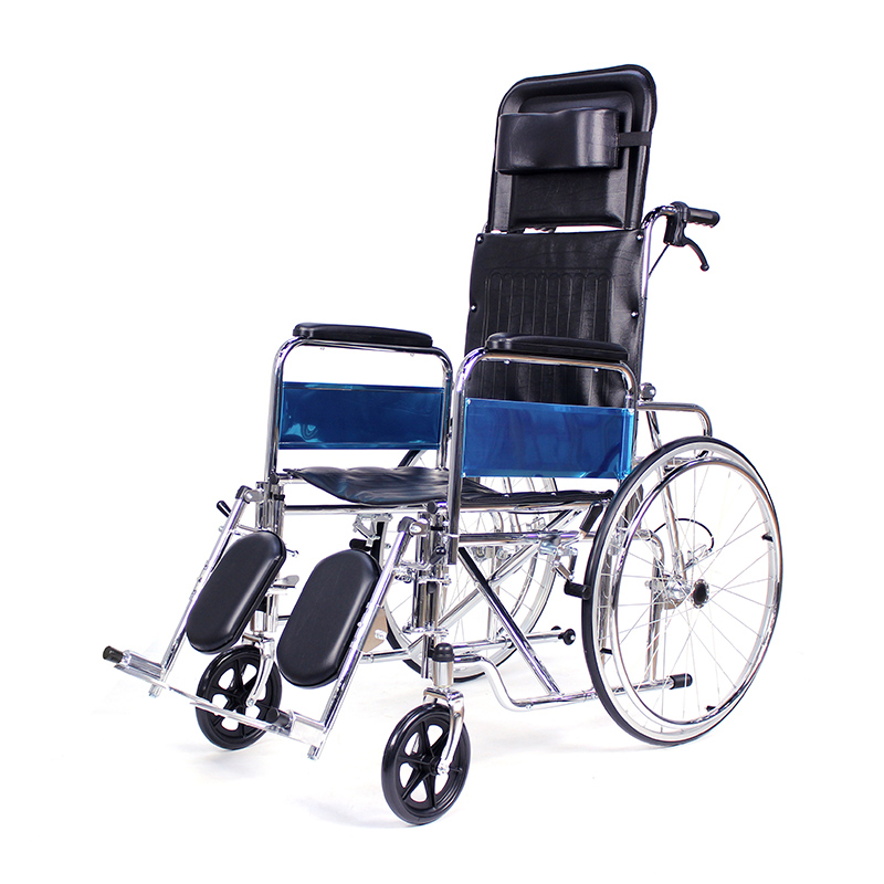 Cadeira de rodas manual de aço reclinável com encosto alto