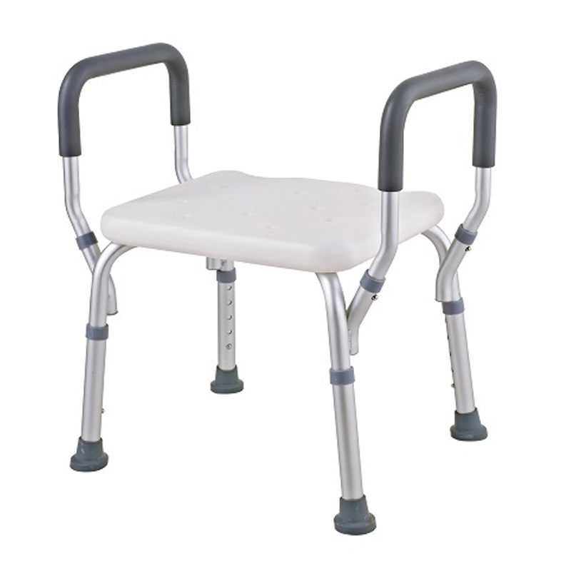 China Home medica Estrutura de alumínio Assento quadrado com apoio de braço Cadeira de banho com altura ajustável para idosos