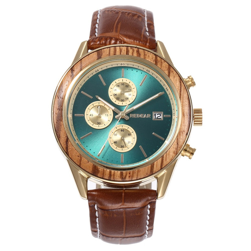 Relógio masculino automático de madeira com pulseira de couro