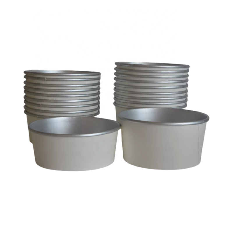 Disposable 500cc White Kraft Silver Paper Food Container Hard Paper Bowls