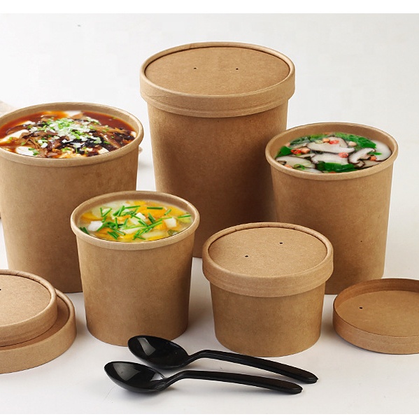 16OZ Paper Lunch Box Bowls Round Food Packing Containers Kraft Paper Soup Bowls With Lid