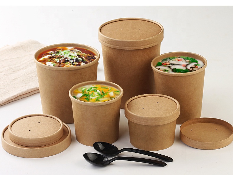 32oz 26oz 16oz and 12oz Kraft soup cup match pp lid paper lid food Packaging Container Take Away