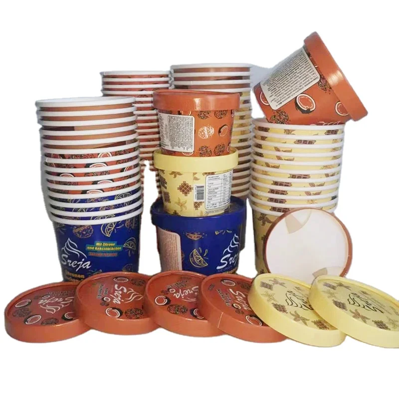 Round Ice Cream Packaging Containers Disposable Paper Tub with Paper Lid and Spoon