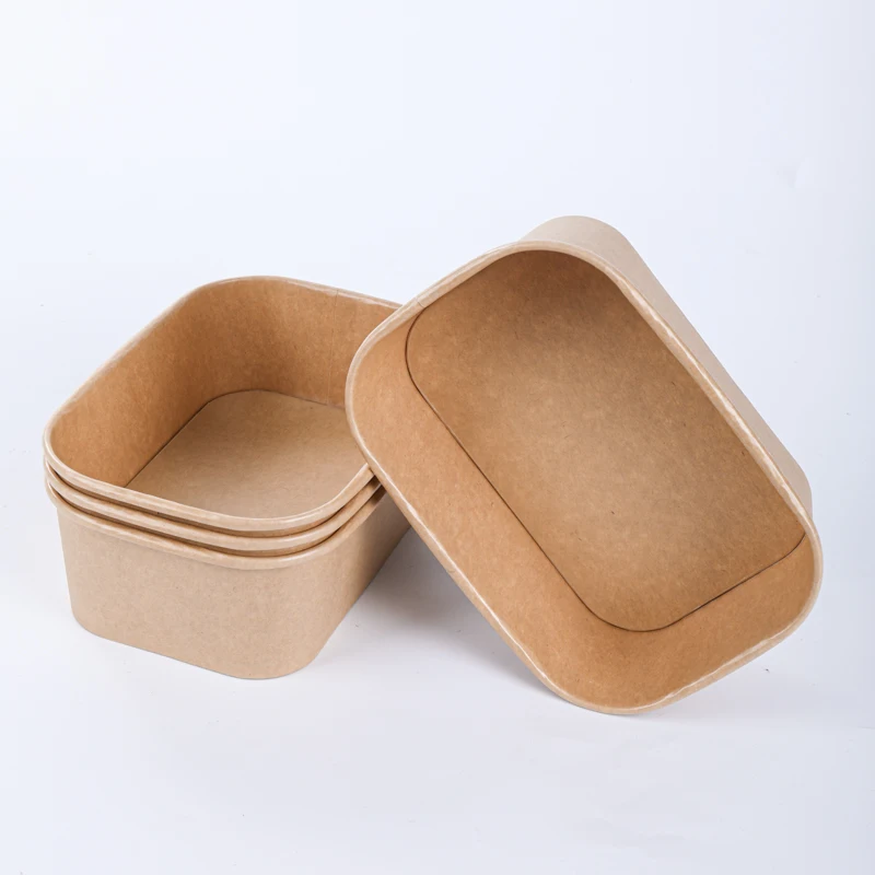 500ml White Kraft Square Rectangle Paper Bowl with Lids