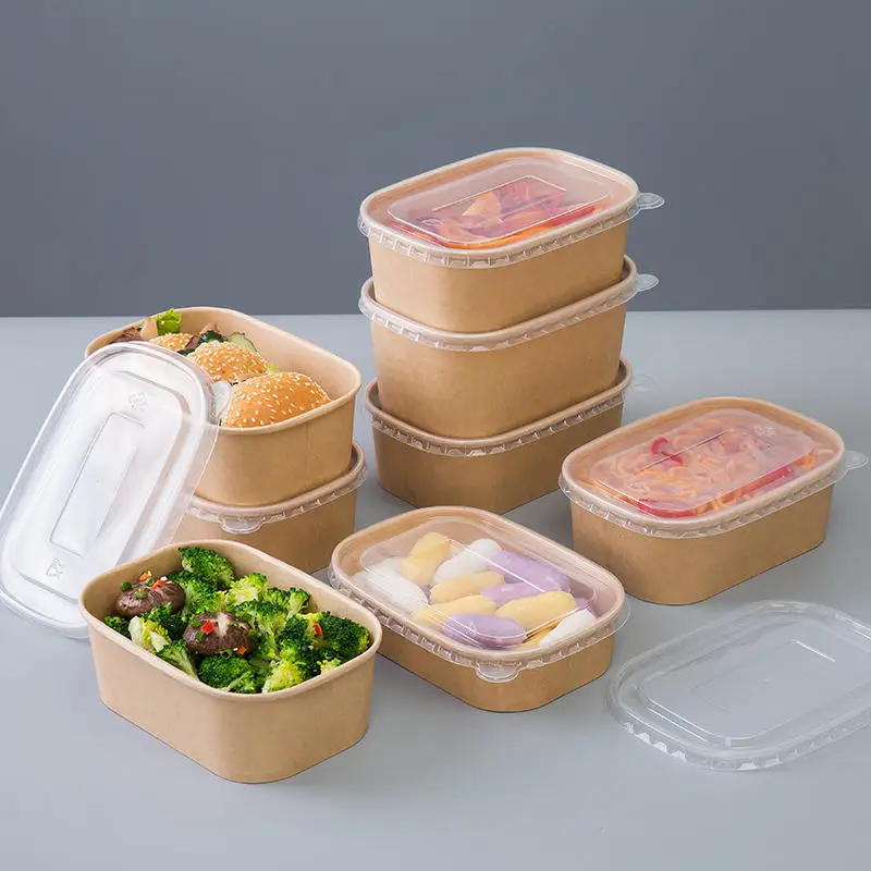 1000ml Kraft Rectangle Paper Salad Fast Food Bowl With Lid