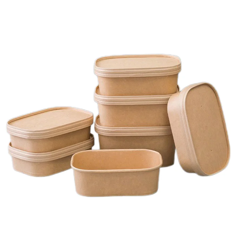 1000ml Kraft Rectangle Paper Salad Fast Food Bowl With Lid