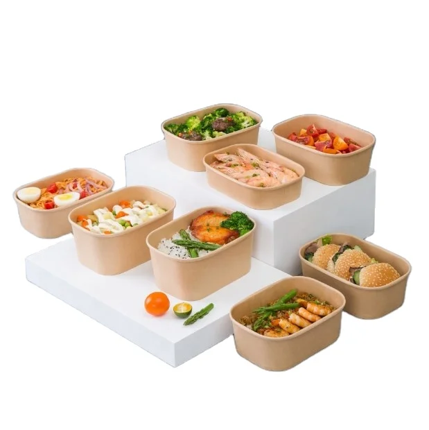 1000ml Kraft Rectangle Paper Salad Fast Food Bowl With Lid