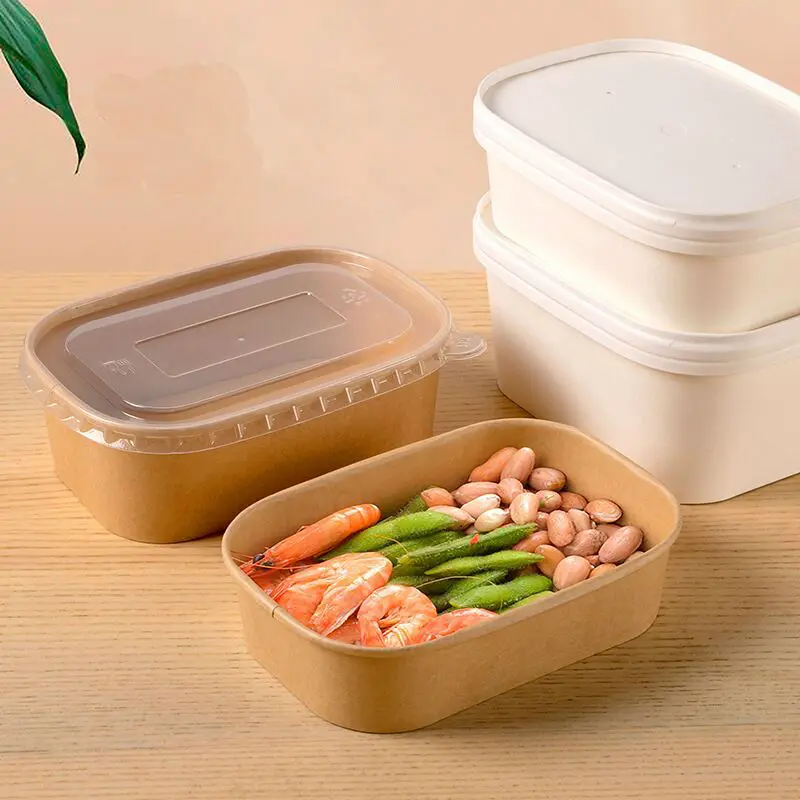 1000ml Kraft Rectangle Paper Salad Fast Food Bowl With Lid