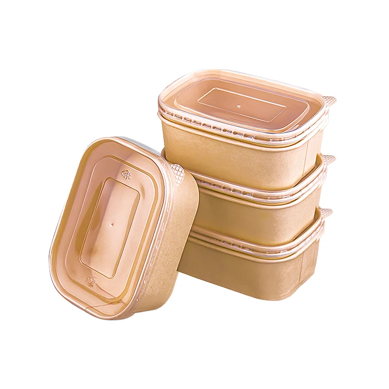 1000ml Kraft Rectangle Paper Salad Fast Food Bowl With Lid