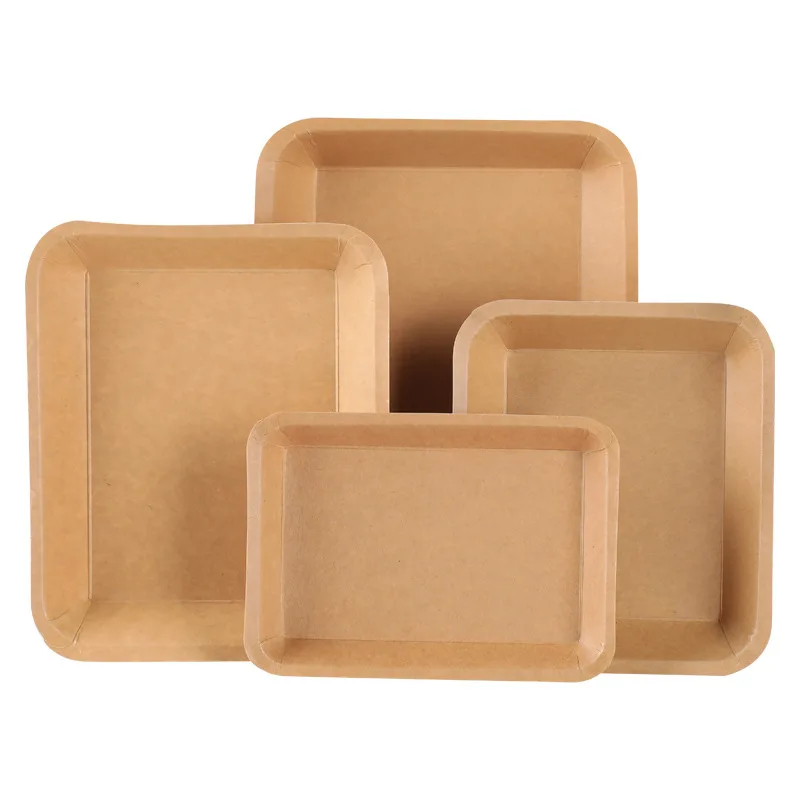 Heepack Kraft Food Tray Microwave Heat Customize Print 25 x 18 cm Disposable Rectangular Kraft Paper Plates