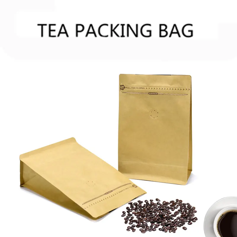 Flat Bottom Custom Printed Zipper Coffee Bag with Valve Bean Sugar Tea Sealed moisture proof paper bags