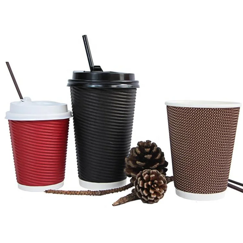 Wholesale Bulk Price 8oz 10oz 16oz Disposable Eco-Friendly Hot Drinking Paper Cups for Coffee Three Ripple Wall with PS Lid