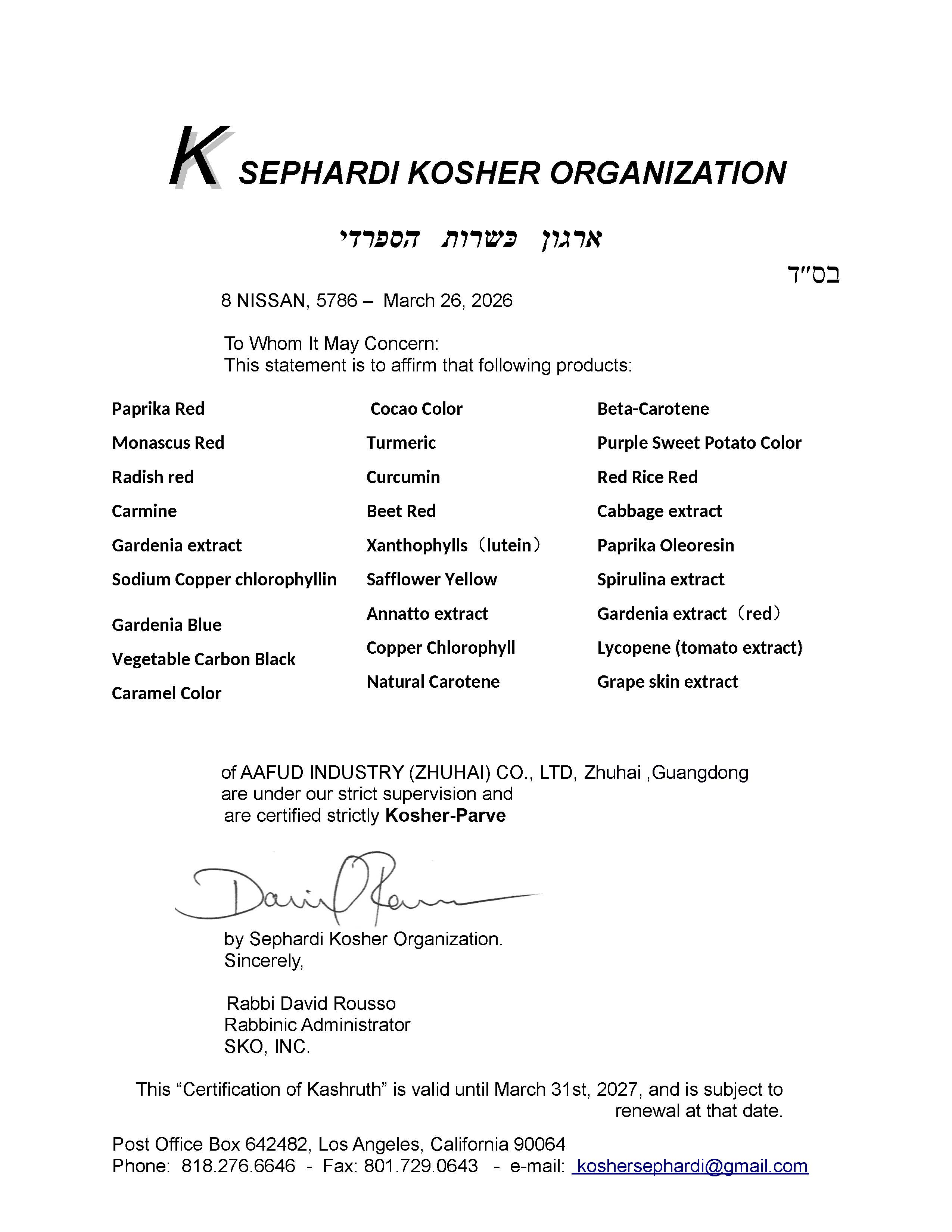 KOSHER CERTIFICATION