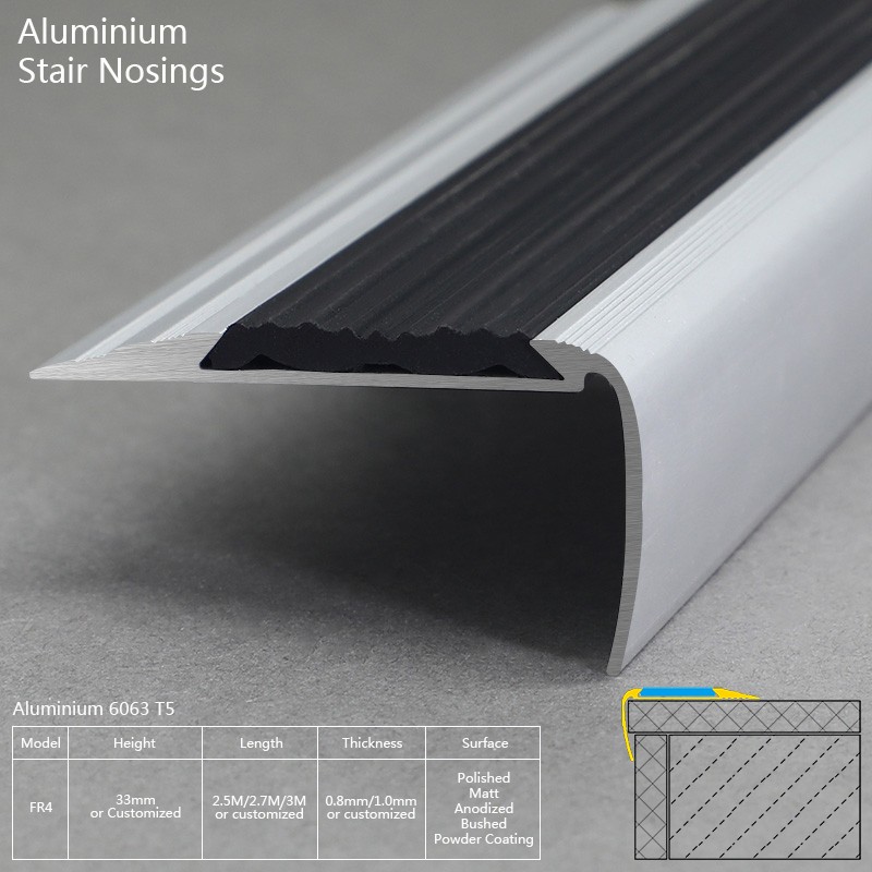 Aluminium Flexible Stair Nosing With Black Rubber Insert FR4 Factory