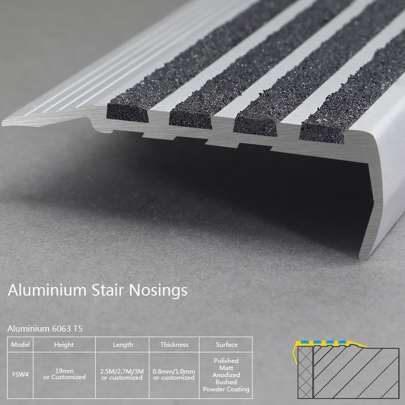 Aluminium Flexible Stair Nosing For Curved Stairs With Black Rubber FSW4 Factory