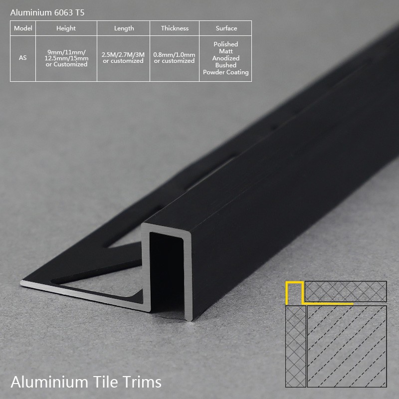 Aluminium Matt Black Metal Tile Baseboard Trim AS Factory