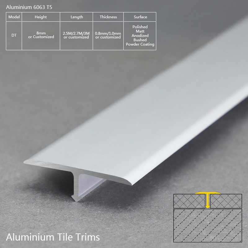 Aluminium Matt Silver T Shape Flat Tile Trim DT Factory