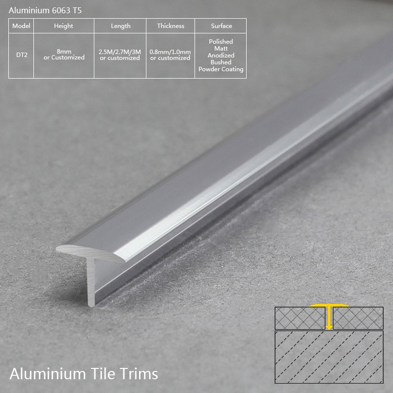 Aluminium Polished Silver T Shape Transit Decorative Trim DT2 Factory