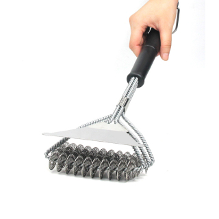 three-head spring barbecue brush anti-pinch stainless steel grill cleaning brush