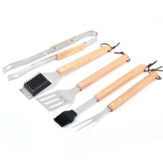 Bbq Wooden Handle Barbecue Utensils Square Bag Stainless Steel 5-Piece Set Outdoor Barbecue Set