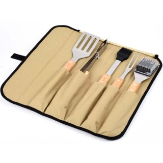 Bbq Wooden Handle Barbecue Utensils Square Bag Stainless Steel 5-Piece Set Outdoor Barbecue Set