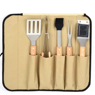 Bbq Wooden Handle Barbecue Utensils Square Bag Stainless Steel 5-Piece Set Outdoor Barbecue Set