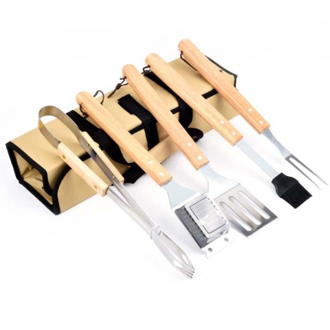 Bbq Wooden Handle Barbecue Utensils Square Bag Stainless Steel 5-Piece Set Outdoor Barbecue Set