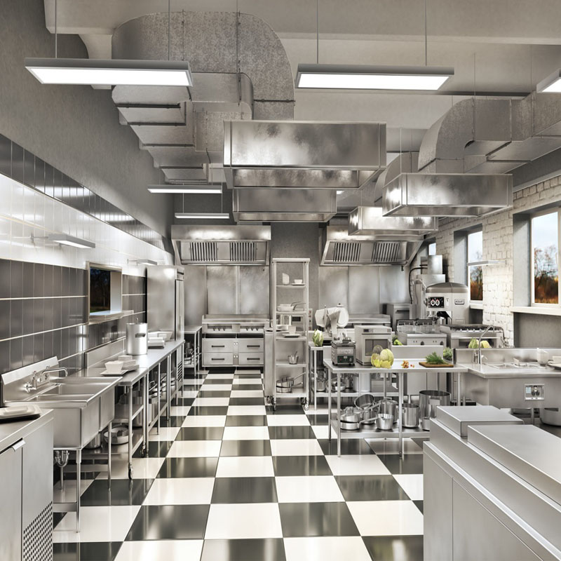 A standard commercial kitchen design and equipment configuration plan