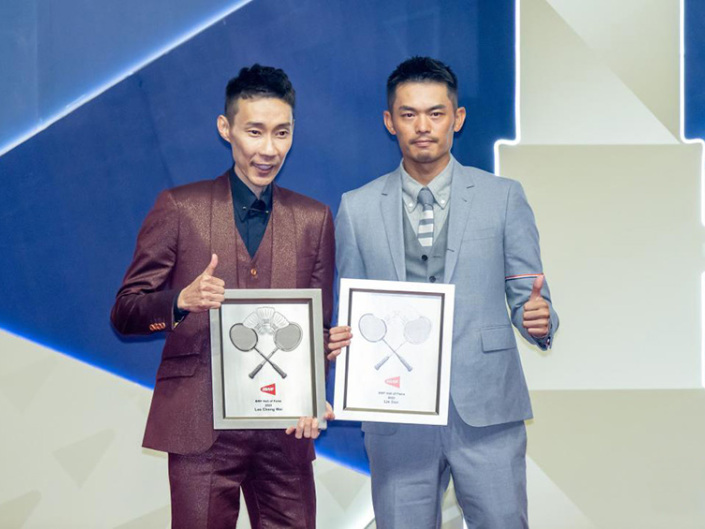 The ceremony of Lin Dan and Lee Chong Wei being elected to the World Badminton Federation Hall of Fame