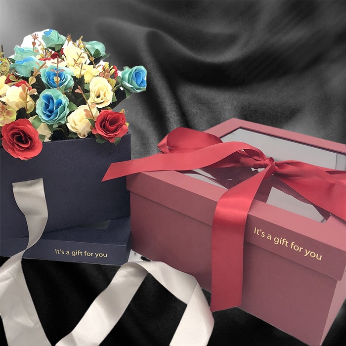 Foldable Flowers Bouquet Window Gift Box With Ribbon Tie