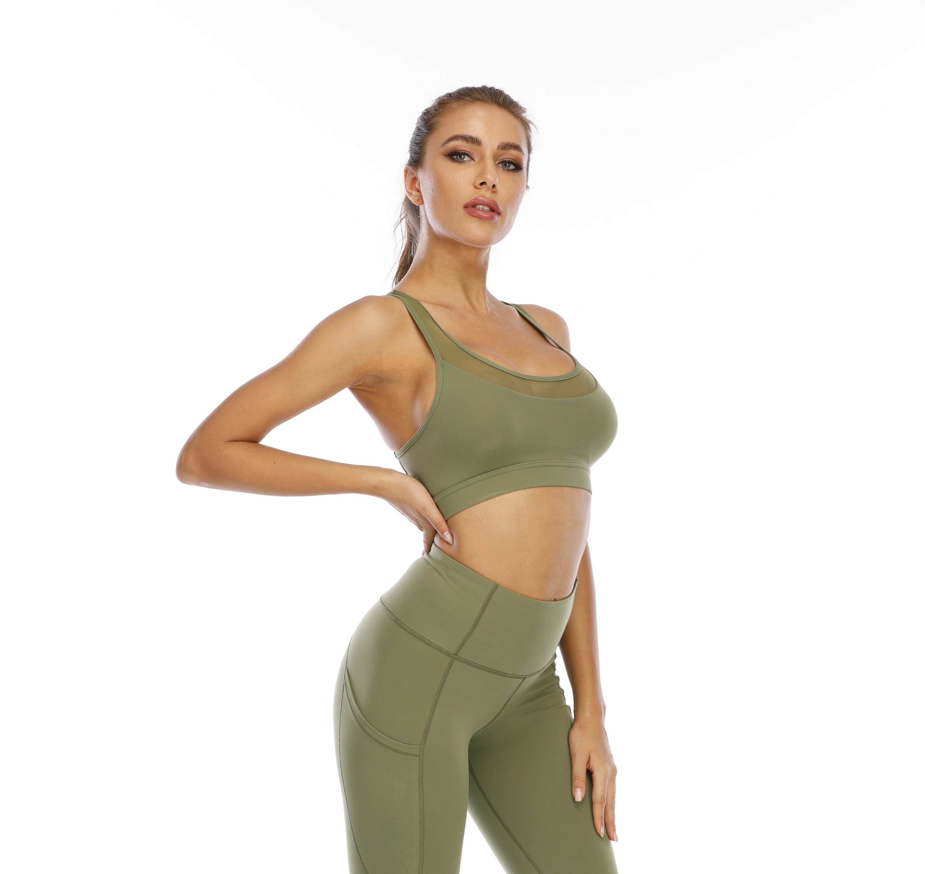 Women Green Sports Bra Top Tank Long Sleeve