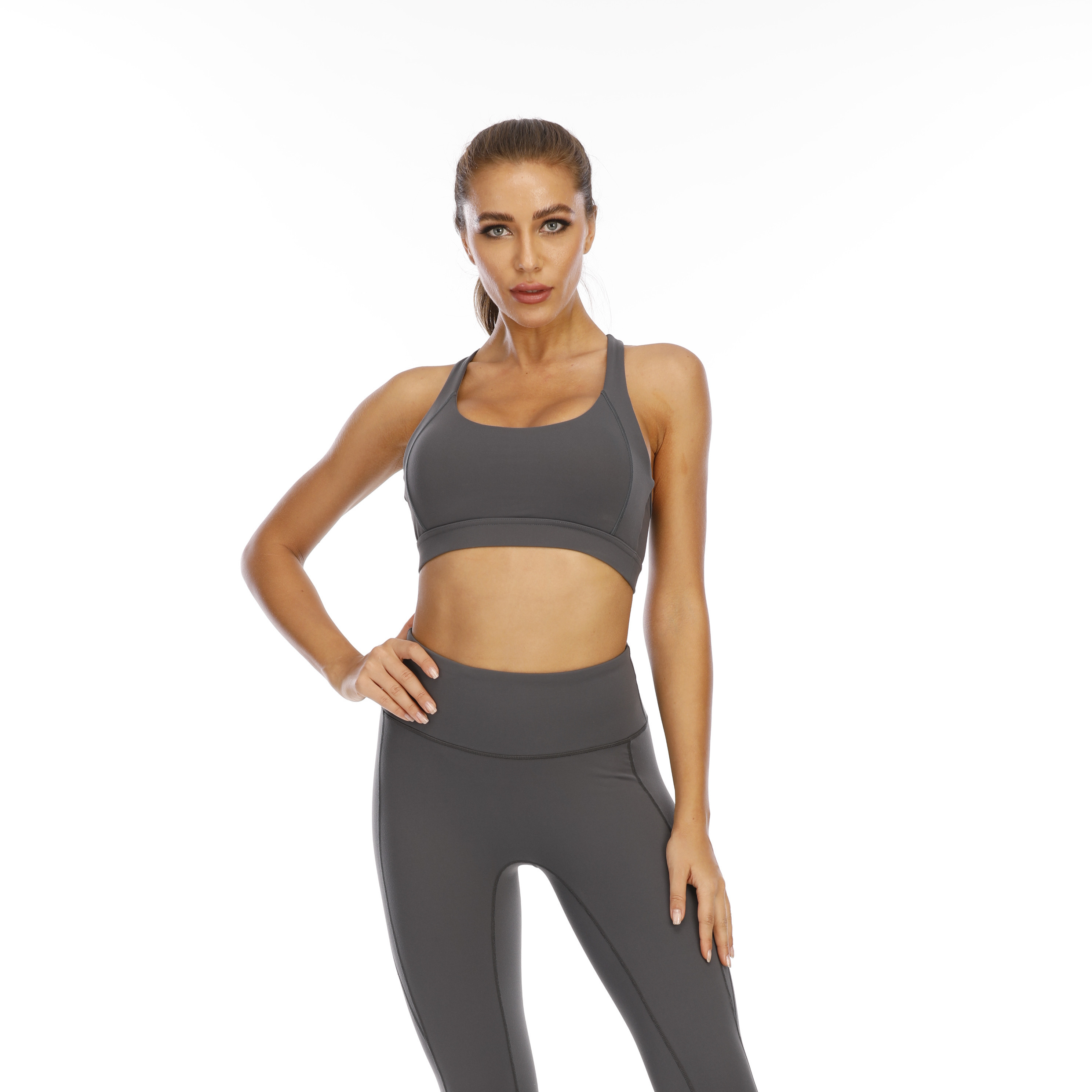 Women Dark Grey Sports Bra Top Tank Long Sleeve