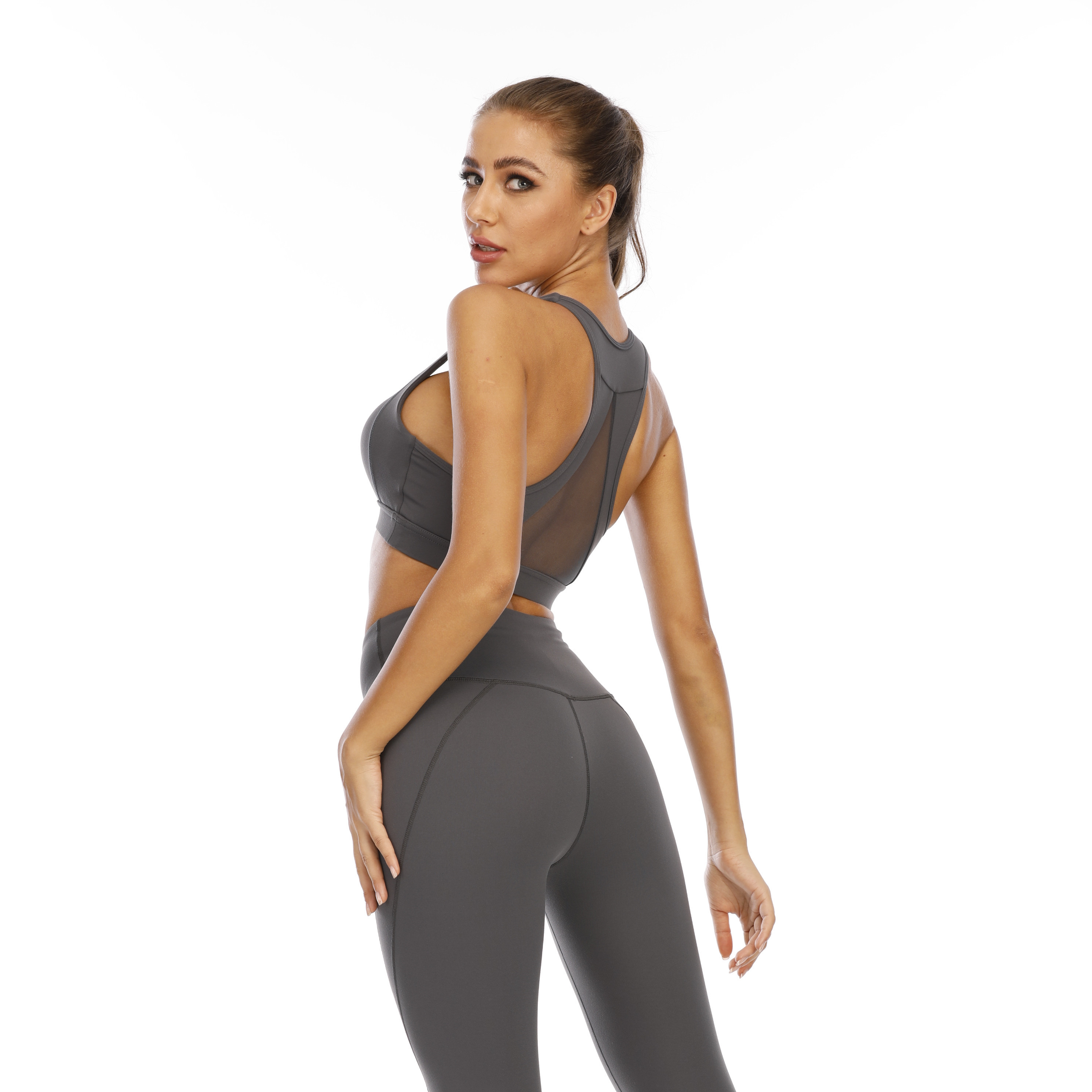 Women Dark Grey Sports Bra Top Tank Long Sleeve