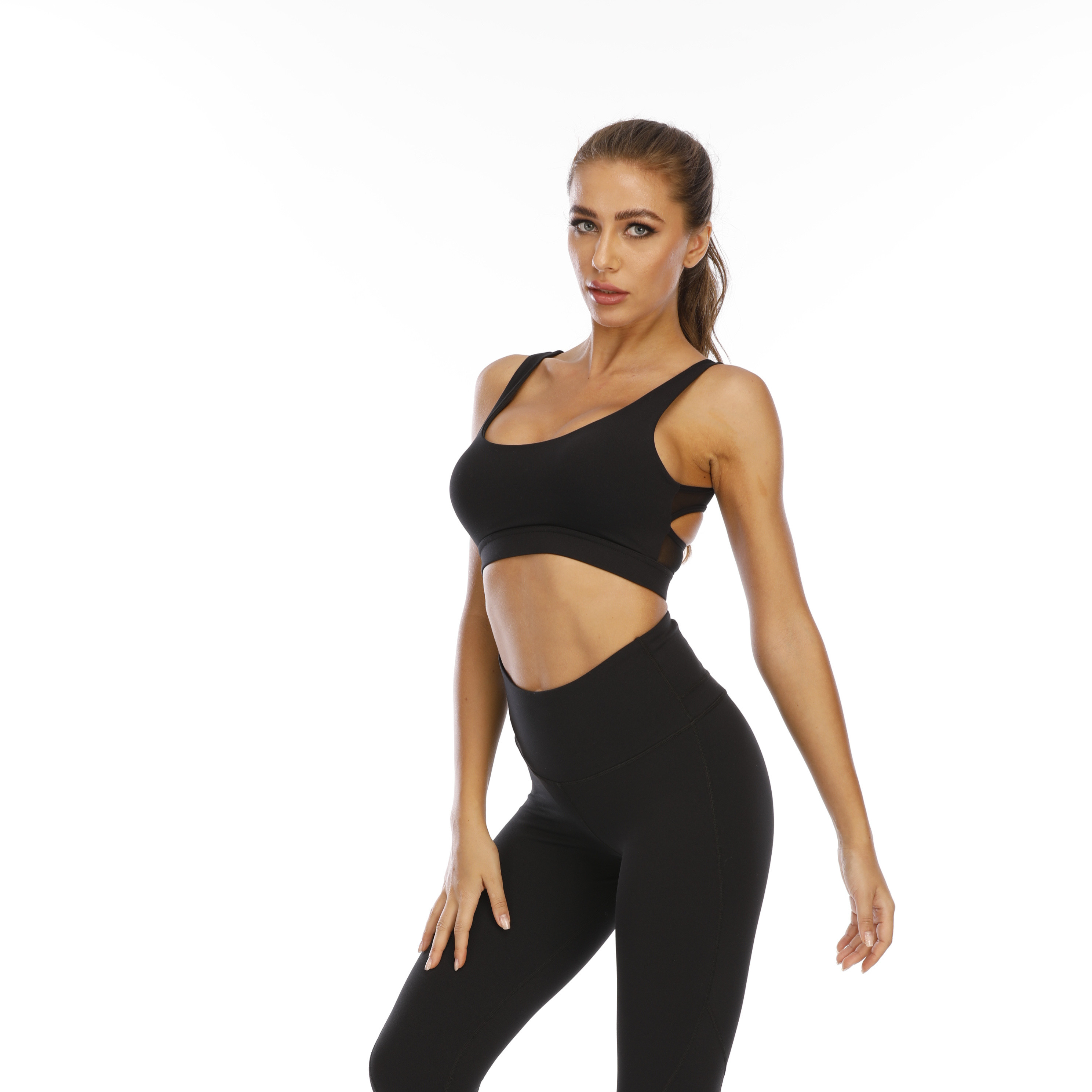 Women Black Sports Bra Top Tank Long Sleeve